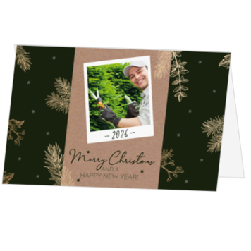 Kerstkaart met foto op kraft en gouden takjes