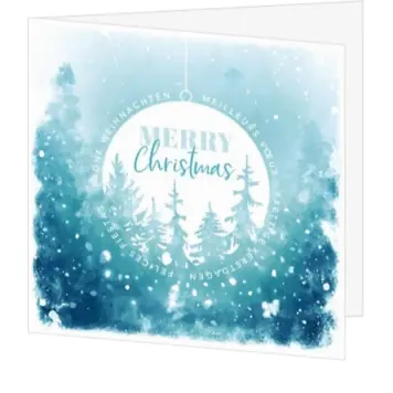 Kerstkaart met kerstbal, dennenbomen en waterverf