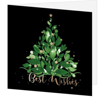 Kerstkaart met groene kerstboom en gouden accenten