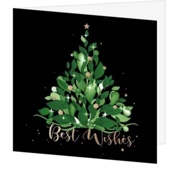 kerstkaart met groene kerstboom en gouden accenten