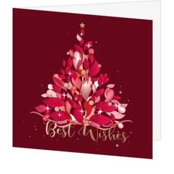Kerstkaart met speelse kerstboom en gouden accenten