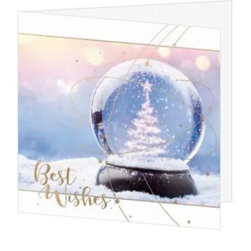 Kerstkaart met sneeuwbol en gouden lijnen
