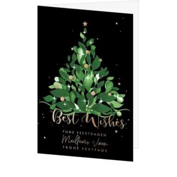 kerstkaart met groene kerstboom op zwarte achtergrond