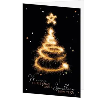 Kerstkaart met fonkelende kerstboom en sterretjes