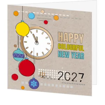 Kerstkaart met kleurrijke kerstballen en 2027
