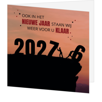 Kerstkaart met jaartal 2026 op rots in silhouet