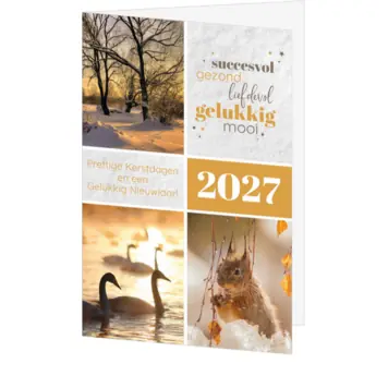 kerstkaart met winterse natuurfoto’s en jaartal 2027