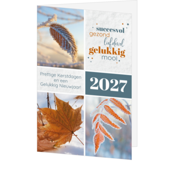 Kerstkaart met winterse natuurfoto’s en jaartal 2027