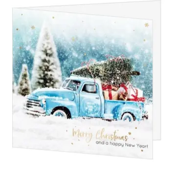 Kerstkaart met blauwe kersttruck in de sneeuw
