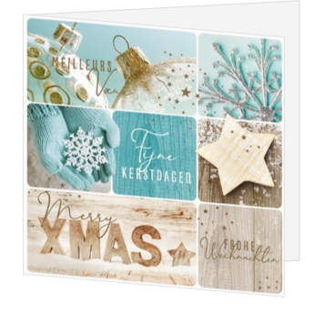 Kerstkaart met winterse collage in turquoise en houtlook