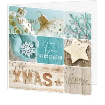 Kerstkaart met winterse collage in turquoise en houtlook