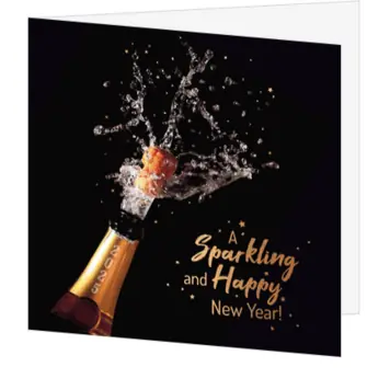 kerstkaart met champagnefles en 2025