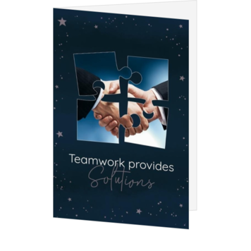 Kerstkaart met puzzelstukjes en handdruk op donkerblauw