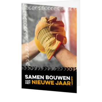 Kerstkaart met handdruk en bouwthema 2027