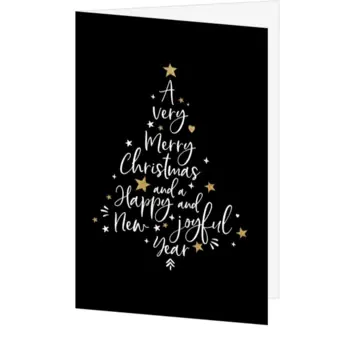 kerstkaart met typografische kerstboom en gouden sterren