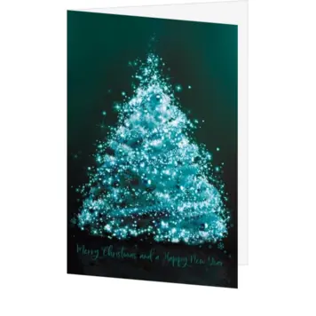 kerstkaart met turquoise kerstboom en fonkelende sterren
