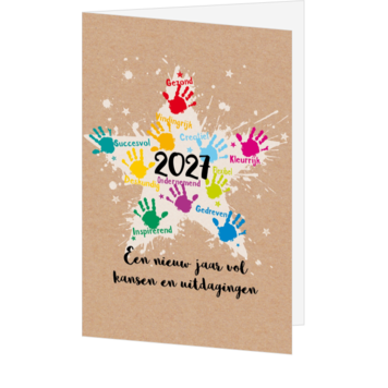 Kerstkaart met kleurrijke handjes en jaartal 2027