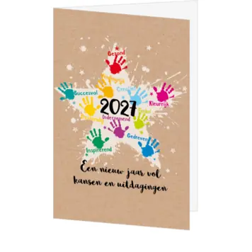 kerstkaart met kleurrijke handjes en jaartal 2027