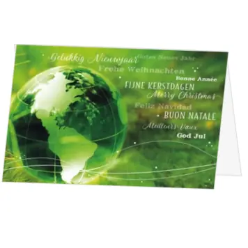 kerstkaart met internationale kerstwensen en groene wereldbol