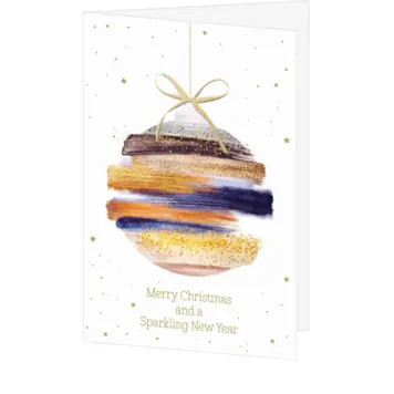 kerstkaart met artistieke kerstbal in goud en donkerblauw