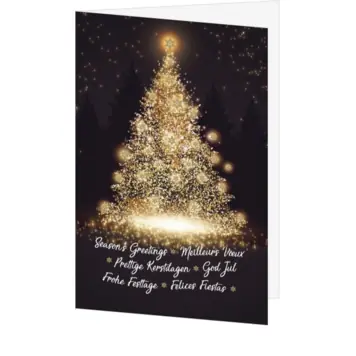 Kerstkaart met stralende kerstboom en sterren