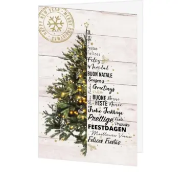 kerstkaart met kerstboom op houten achtergrond