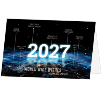 Kerstkaart met internationale kerstwensen en jaartal 2027
