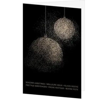 Kerstkaart met gouden kerstballen op zwarte achtergrond