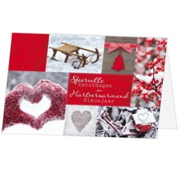 Kerstkaart met sfeervolle wintercollage in rood en wit