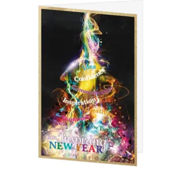Kerstkaart met kleurrijke kerstboom en inspirerende woorden