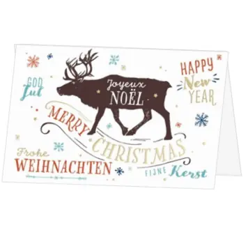 Kerstkaart met rendier en internationale kerstwensen