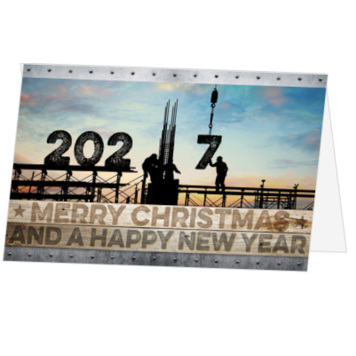 Kerstkaart met bouwthema en jaartal 2027