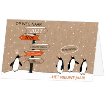 kerstkaart met pinguïns en wegwijzer naar 2027