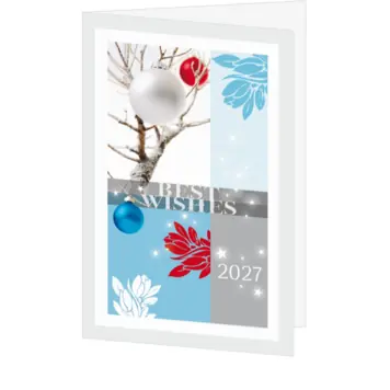 Kerstkaart met kerstballen en jaartal 2027