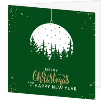 kerstkaart met kerstbal, dennenbomen en gouden details