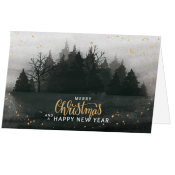 Kerstkaart met zwart geschilderd winterbos en goud