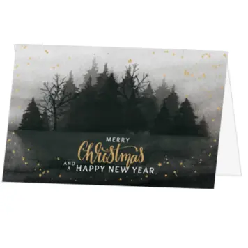 kerstkaart met zwart geschilderd winterbos en goud