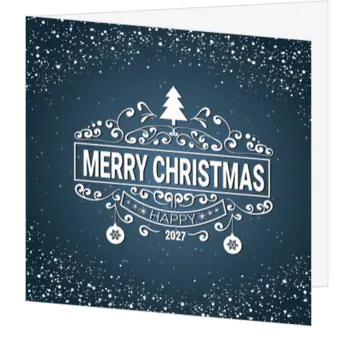 kerstkaart met blauwe achtergrond en sierlijke witte details