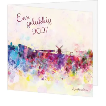 kerstkaart Amsterdam skyline in verfspetters 2027