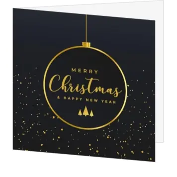 kerstkaart met gouden kerstbal op donkerblauwe achtergrond