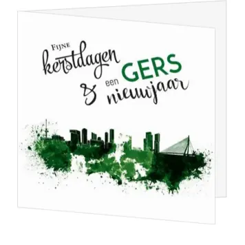kerstkaart met skyline van Rotterdam in groene inktspetters
