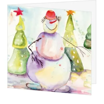 Kerstkaart met sneeuwpop in aquarel