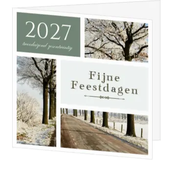 kerstkaart met winterse weg en jaartal 2027