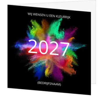 kerstkaart met kleurrijke poederexplosie 2027