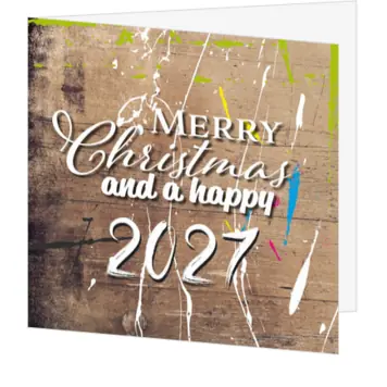 kerstkaart met houten achtergrond en verfspatten 2027