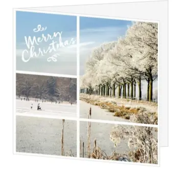 kerstkaart met besneeuwd landschap en schaatsers