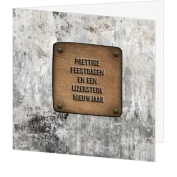 kerstkaart met houten plaatje op stenen achtergrond