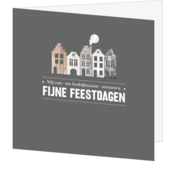 Kerstkaart met rijtje panden in grijs en houtlook