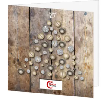kerstkaart met kerstboom van spijkers en schroeven