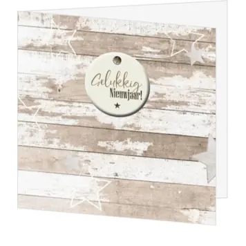 Kerstkaart met steigerhout, sterren en label